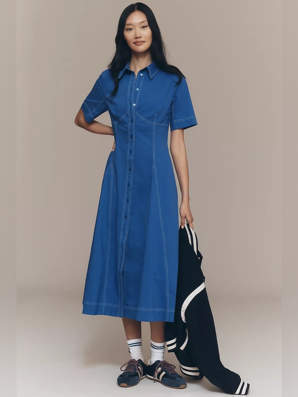 Anthropologie Exquise Short-Sleeve Seamed Pleated Midi Dress